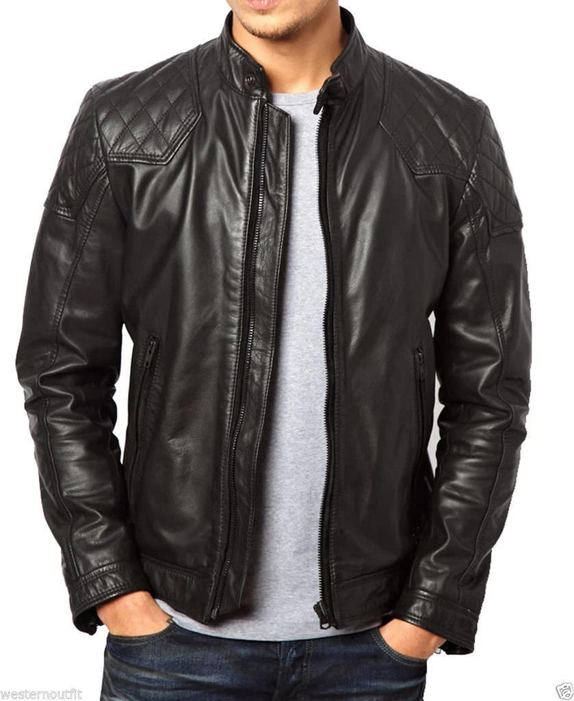 NEW Men’s Black Genuine Lambskin Leather Biker Jacket Motorcycle Size XS TO 3XL