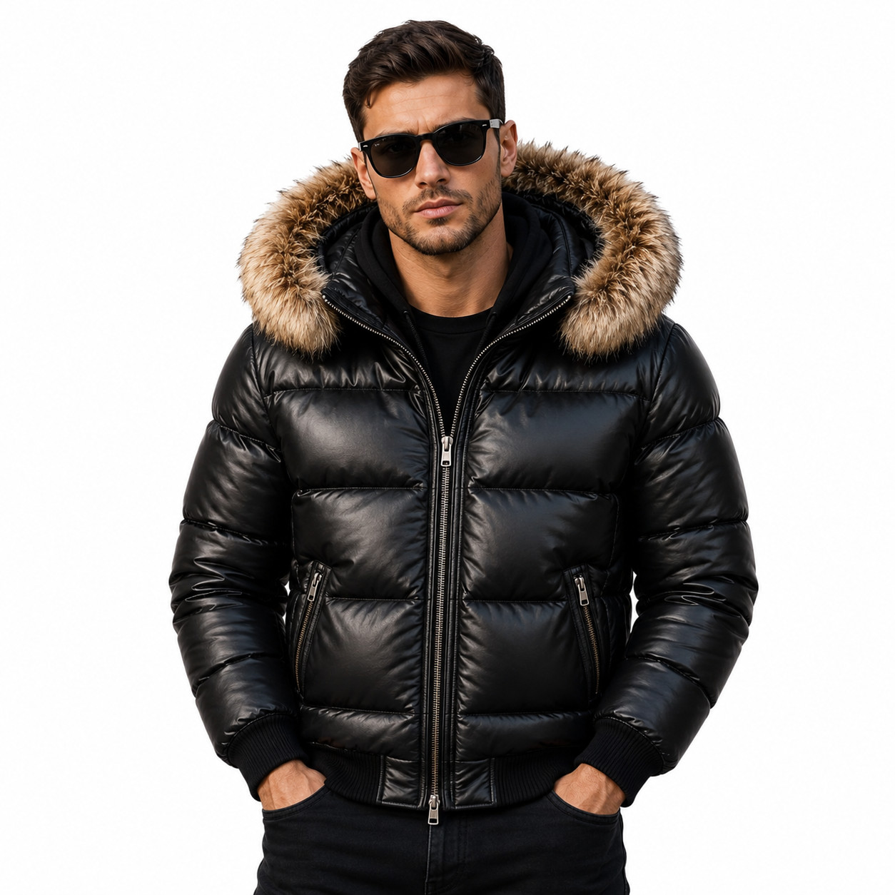 Men’s Shiny Black Faux Leather Puffer Jacket Fur Hood Winter Streetwear Trendy