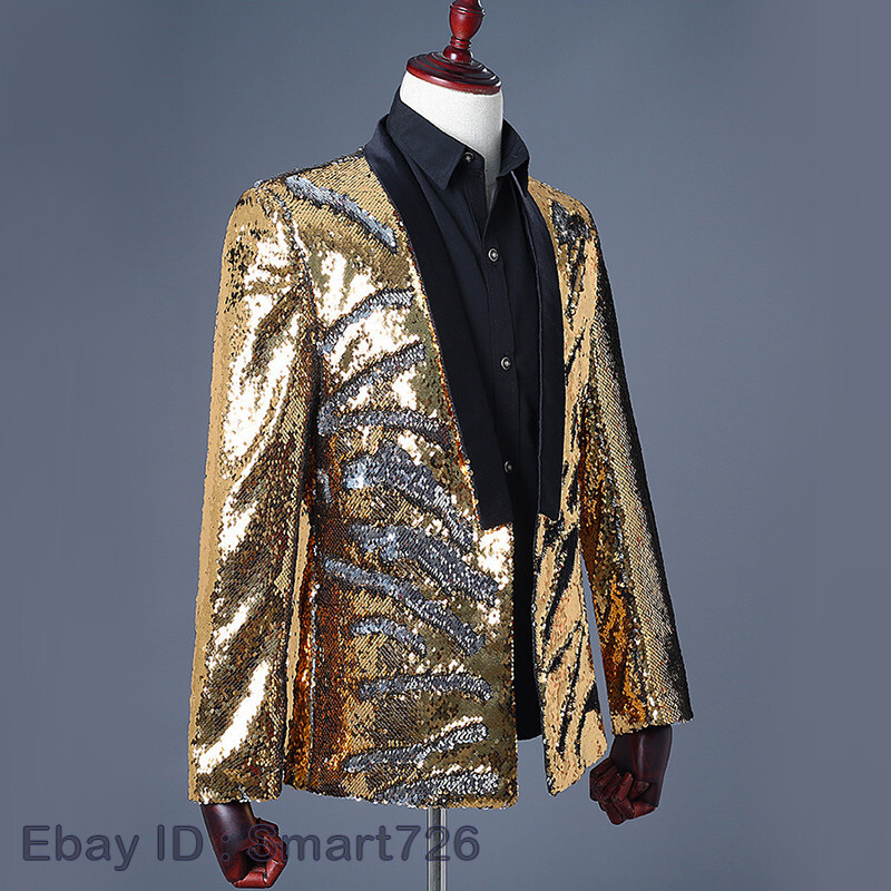 Men Reversible Two Tone Shiny Sequins Jacket Suit Blazer Fancy Dress Outfit Sets