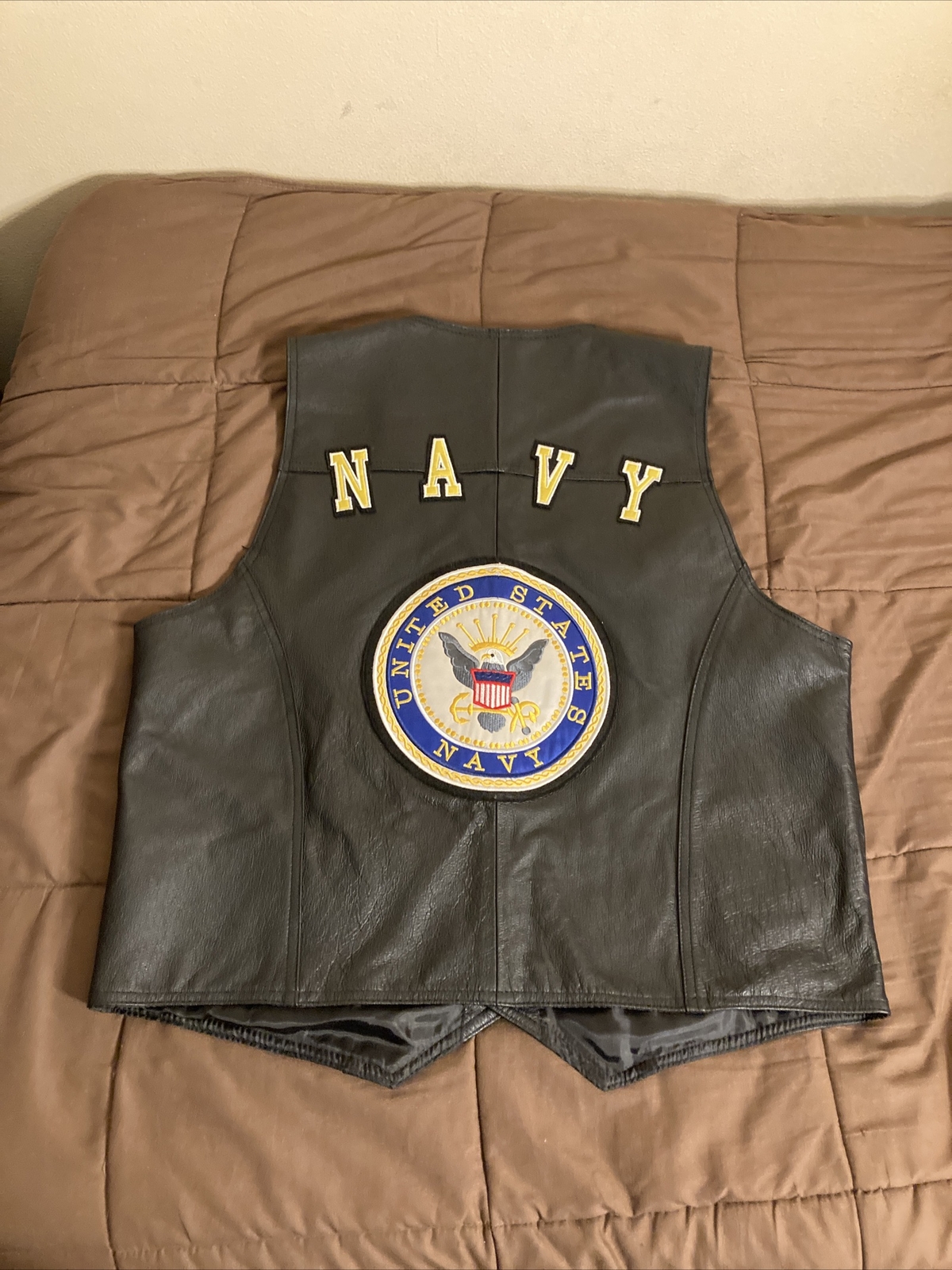 USA Leather Vest United States Navy Big Patch Emblem Size XL NOS (RARE)