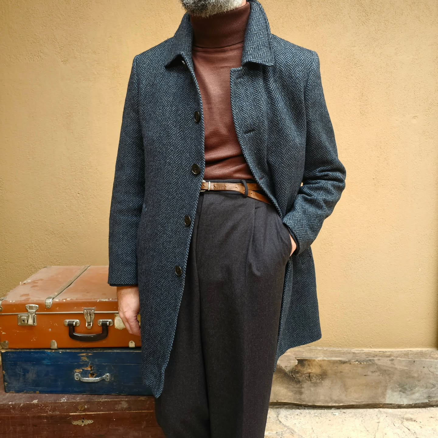 Tweed Herringbone Men’s Overcoats Regular Fit Single Breasted Outdoor Long Coats