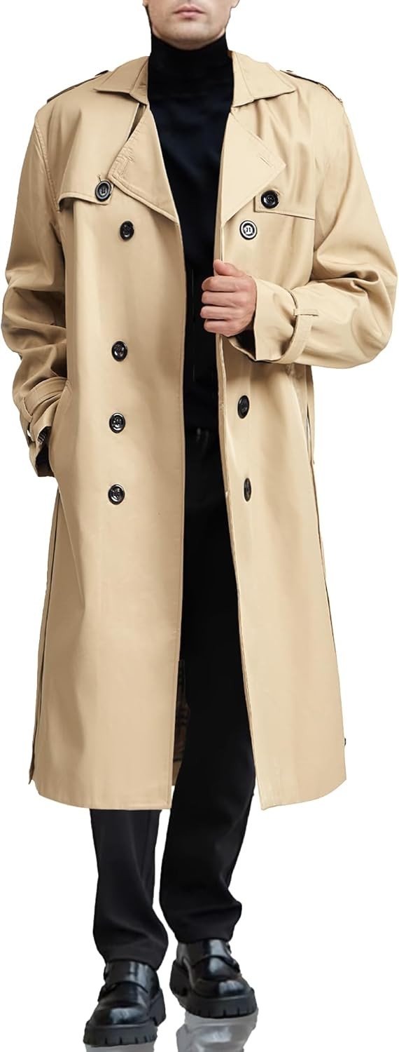 Mens Double Breasted Trench Coat Long Business Casual Windbreaker Overcoat