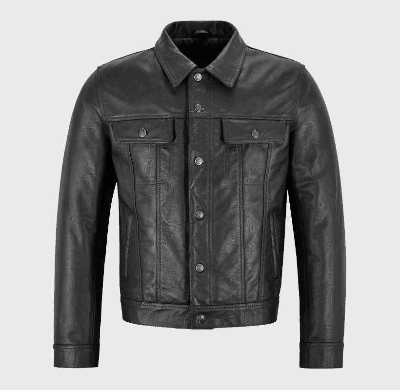 Men’s Black Leather Trucker Shirt Collar Style Biker Real Cowhide Leather Jacket