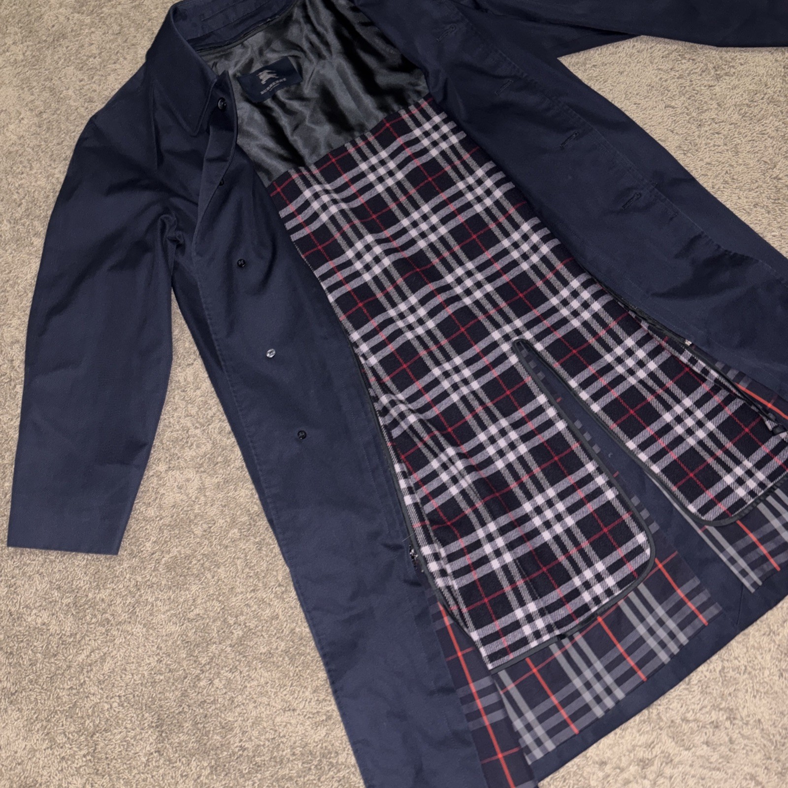 Burberry London Men’s Navy Blue Nova Check Lined Long Trench Coat Size 42R