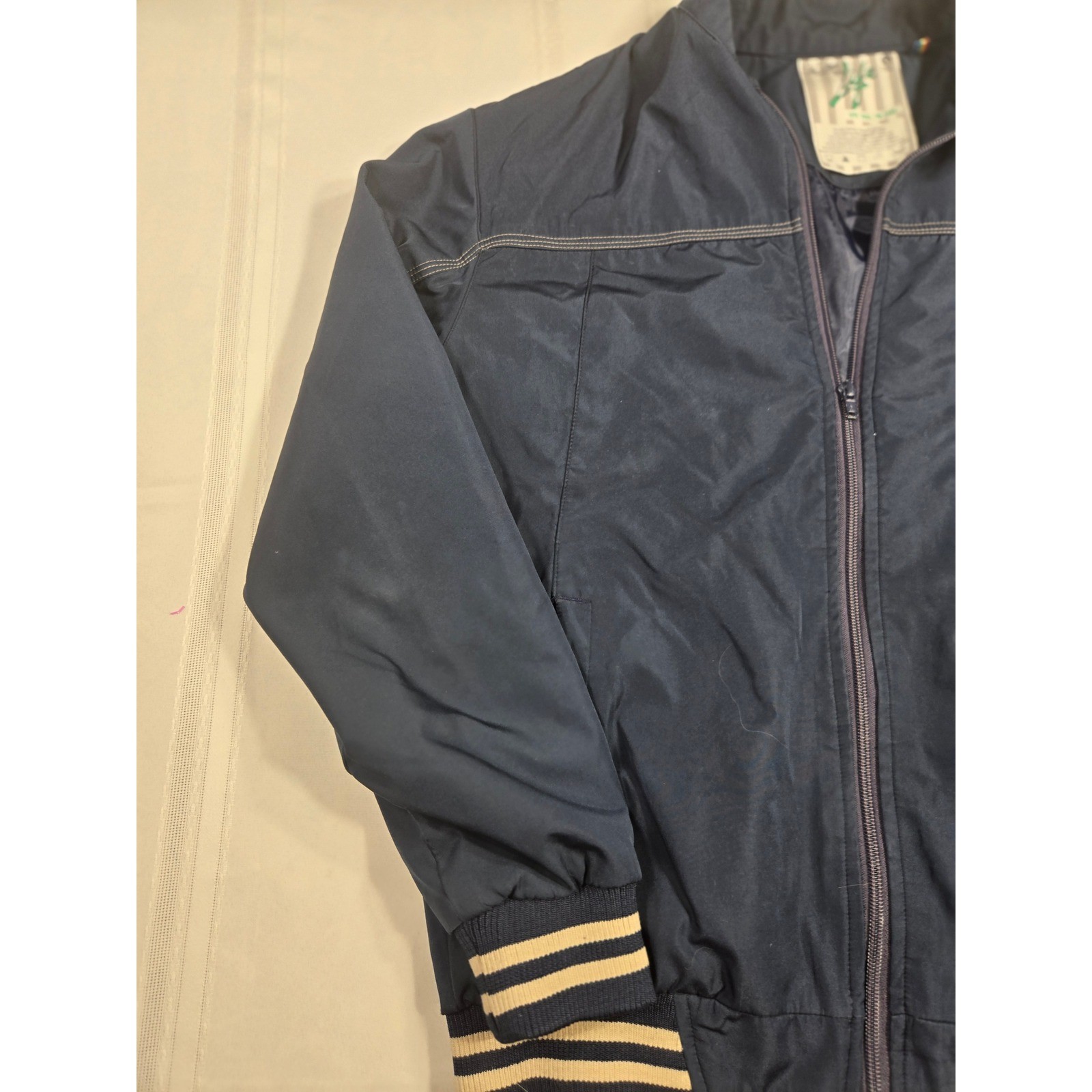 Oh Yes! It’s Life Mens Navy Blue Full Zip Bomber Jacket Striped Trim Size L