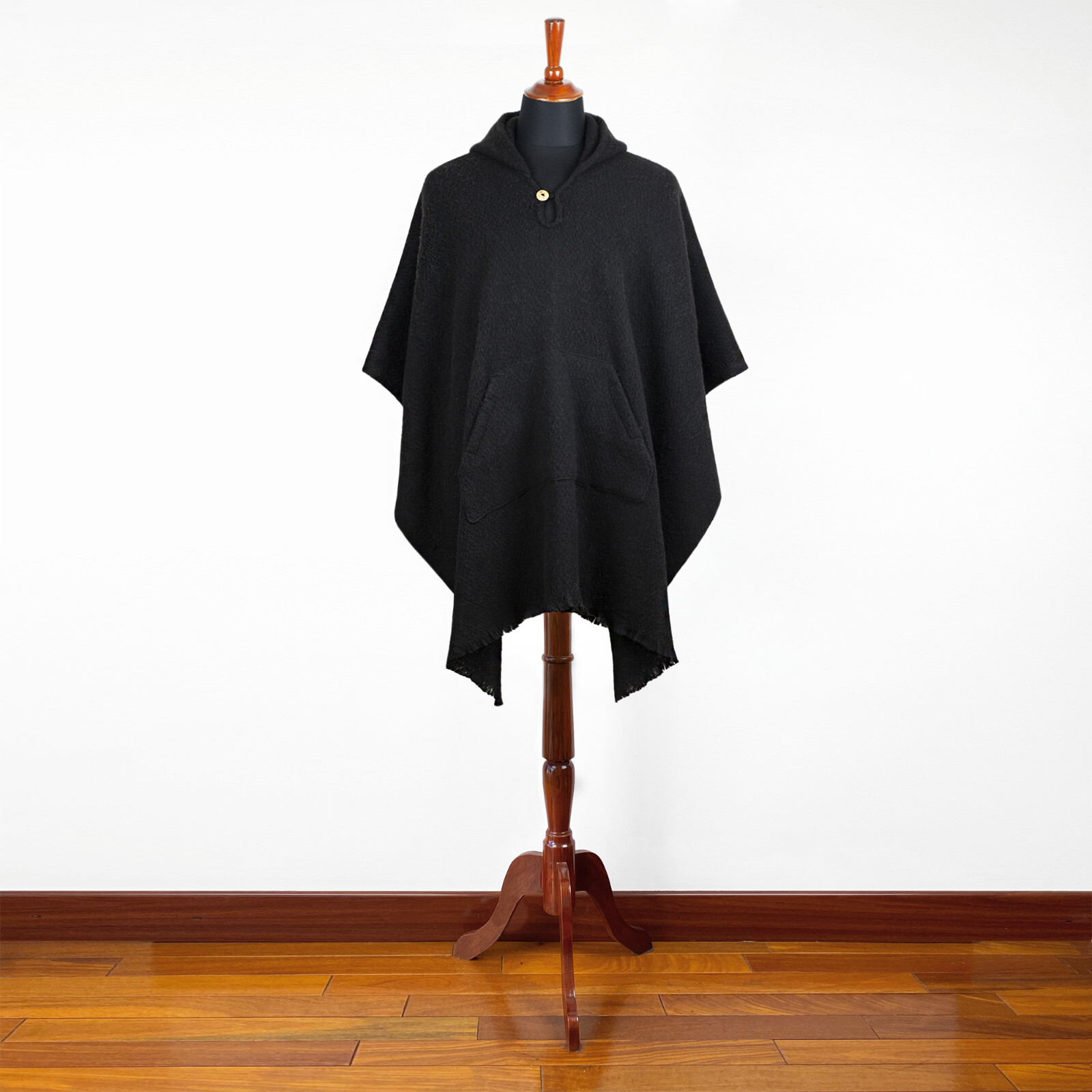 LLAMA WOOL BLACK MENS UNISEX LADY JEDI CAPE PONCHO JACKET WITH POCKET OTAVALO