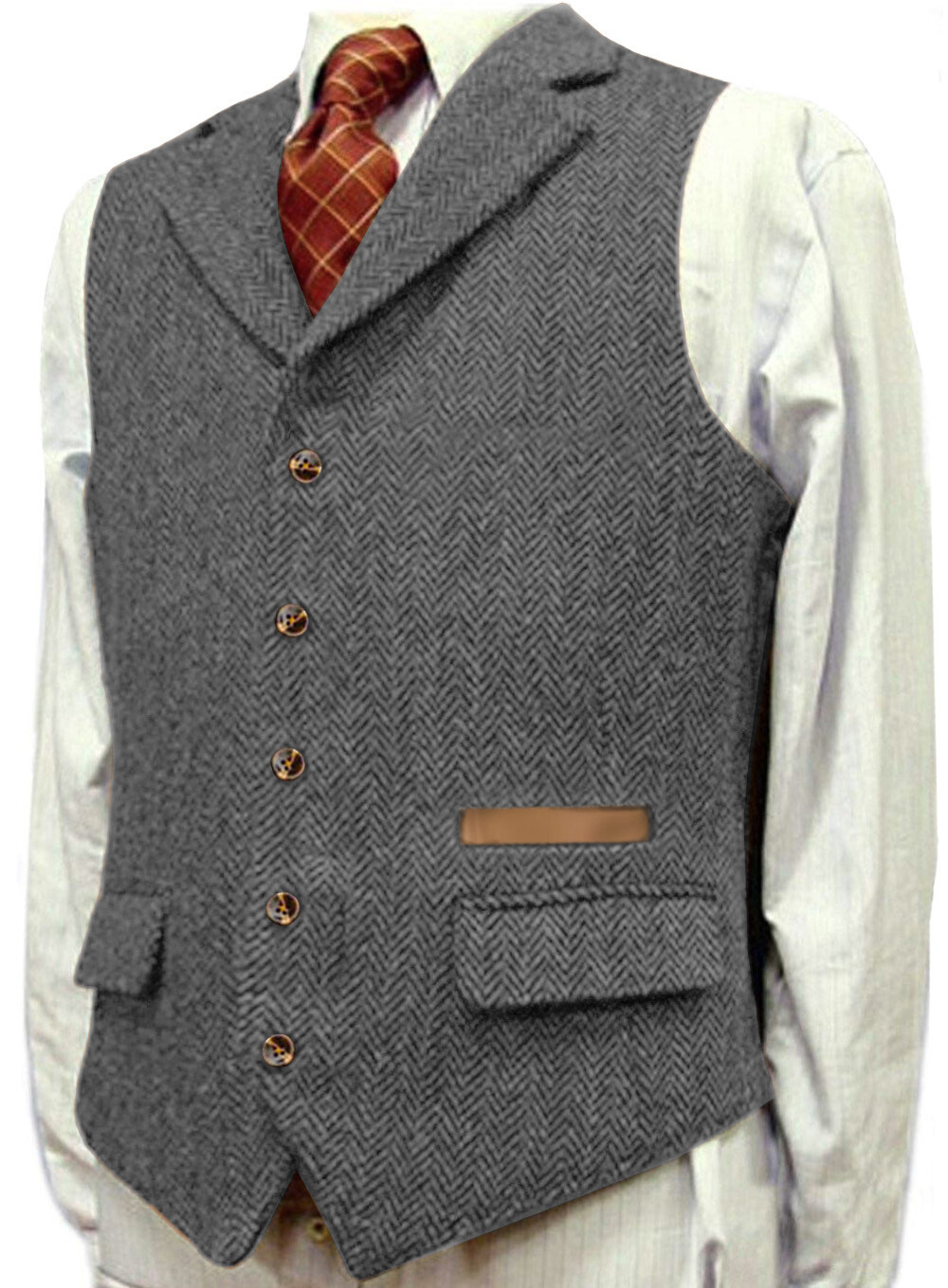 Mens Hunting Tweed Grey Vests Herringbone Waistcoats Vintage Retro Wool Wedding