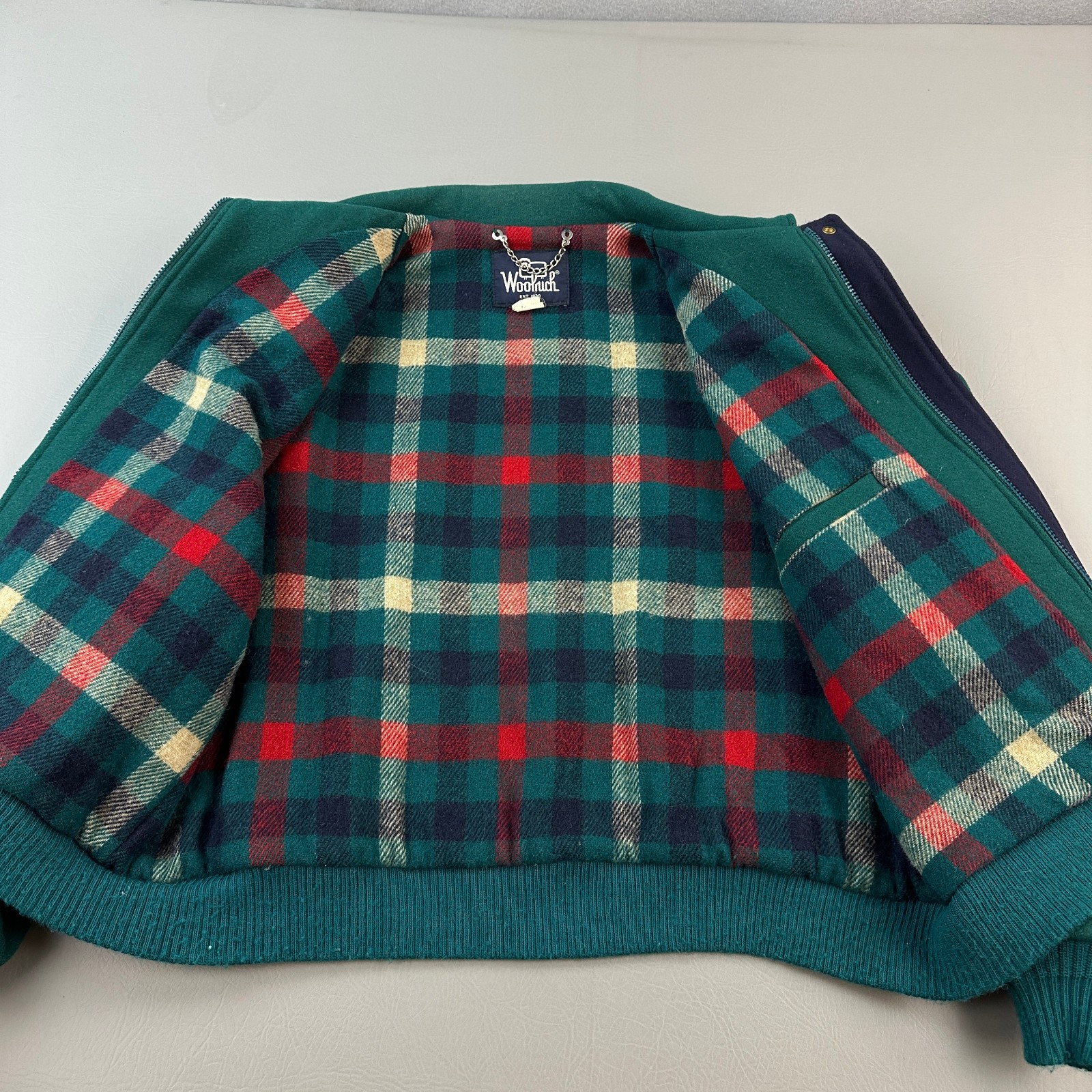 Vintage Woolrich Jacket Mens XL Green Wool Plaid Lined Full Zip Bomber USA 80s