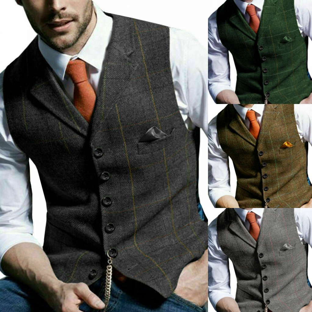 Mens Formal Lapel Collar Sleeveless Vest Retro Herringbone Tweed Slim Dress Suit