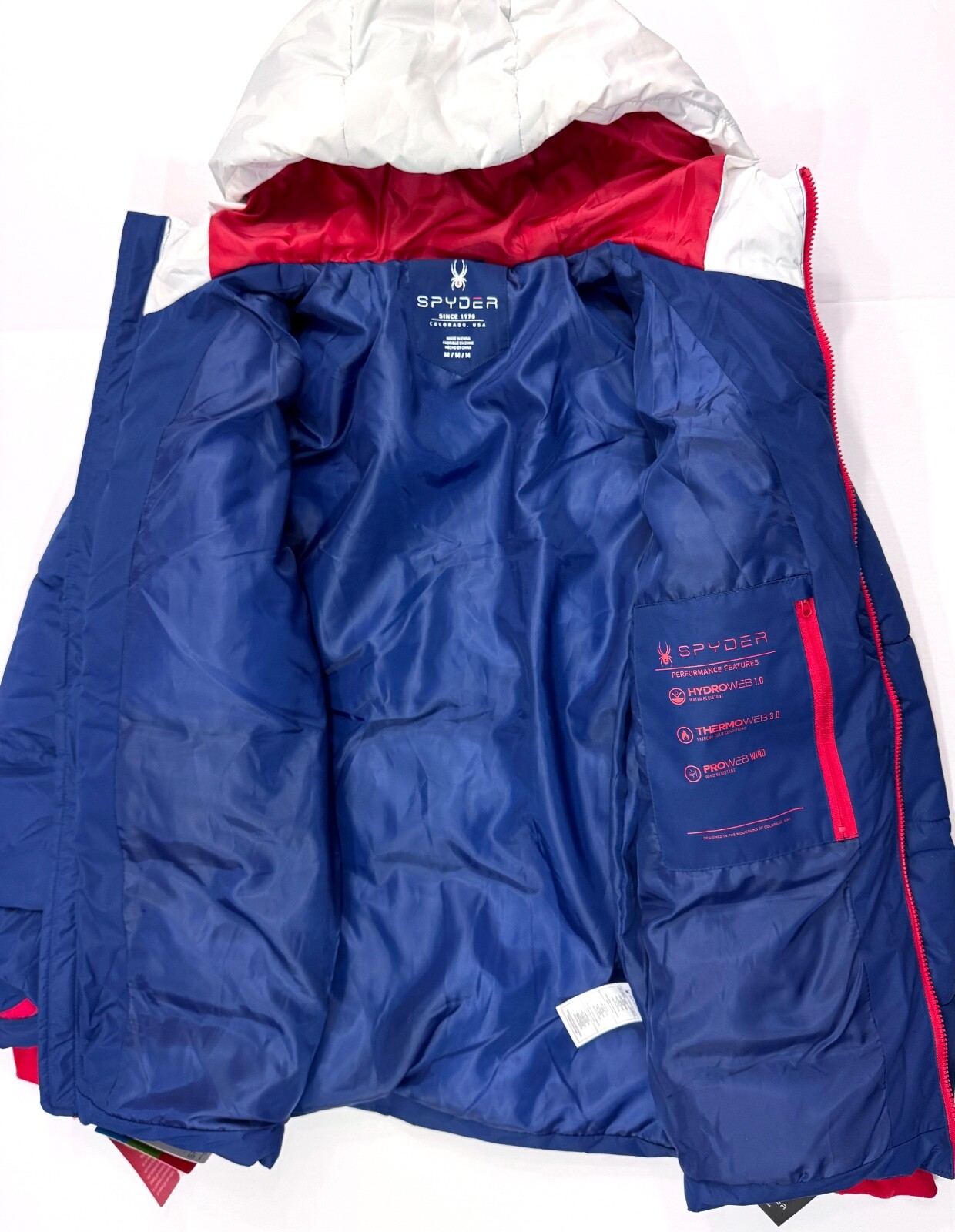 Spyder Puffer Jacket USA Ski Team Patch Red White Blue Camo Web Sizes S, M, L