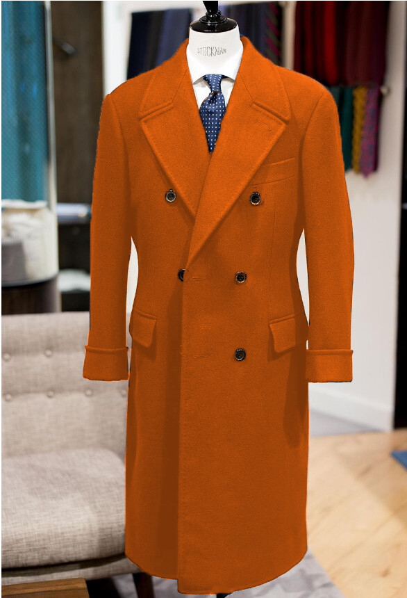 Wool Men’s Long Overcoat Double Breasted Peak Lapel Formal Business Outdoor Coat
