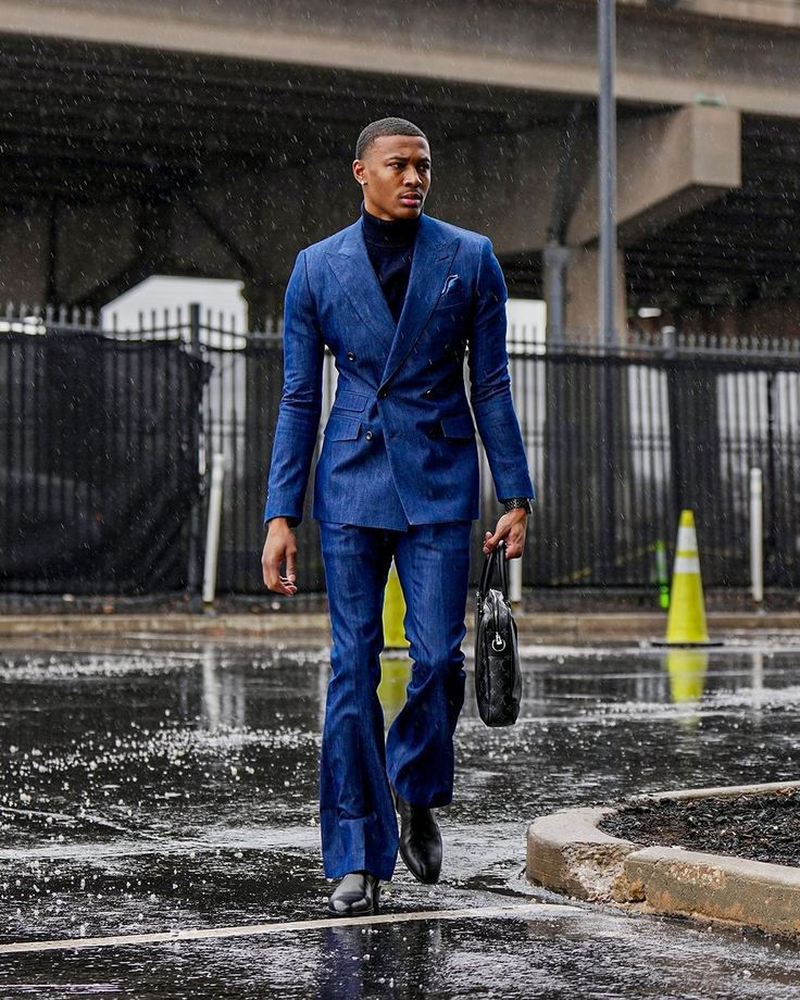 Denim 2 Pcs Men’s Suits Double Breasted Peak Lapel Wide Leg Pant Blue Tuxedos