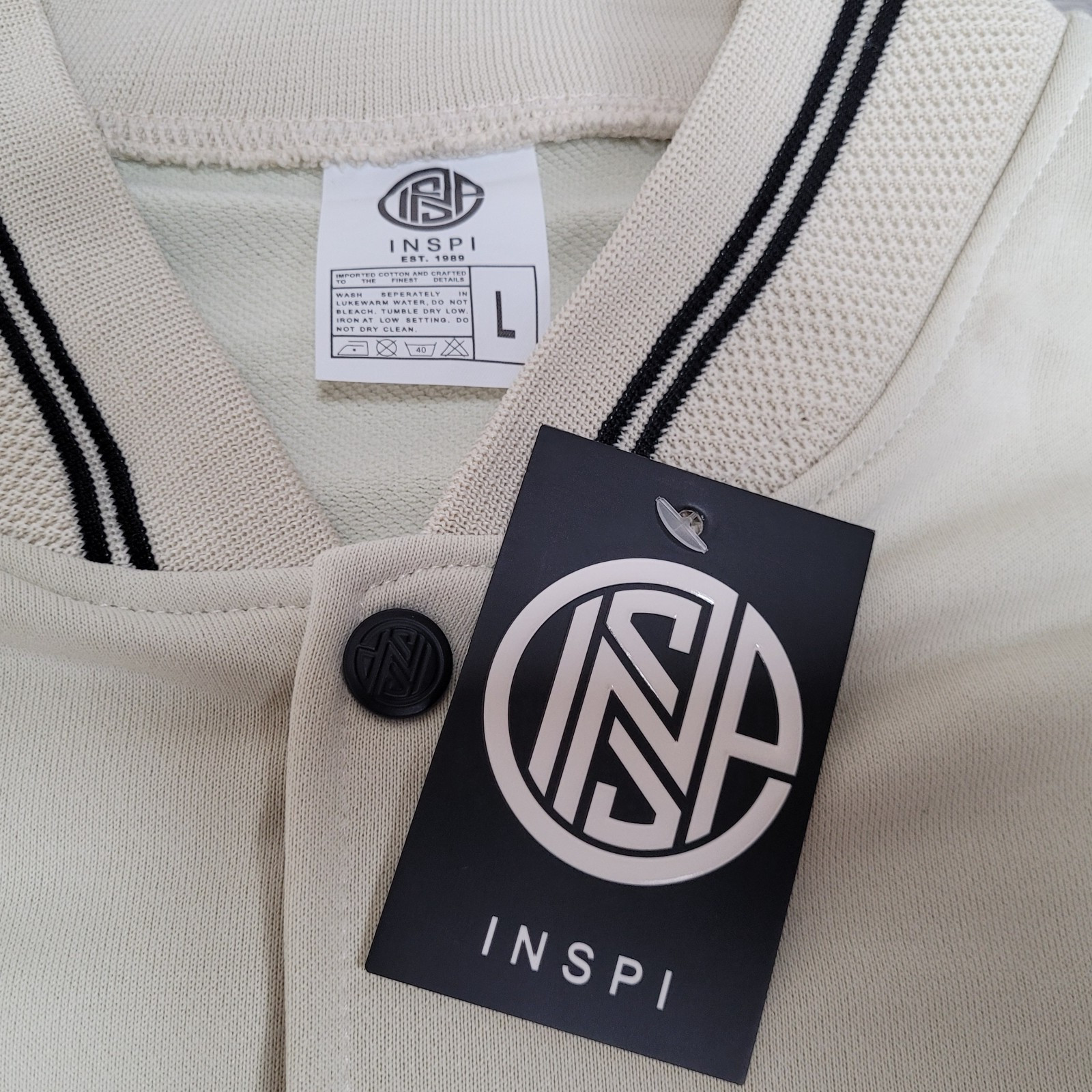 🧢INSPI Korean Bomber Varsity Jacket Unisex Large Ivory/Black Streetwear NWT