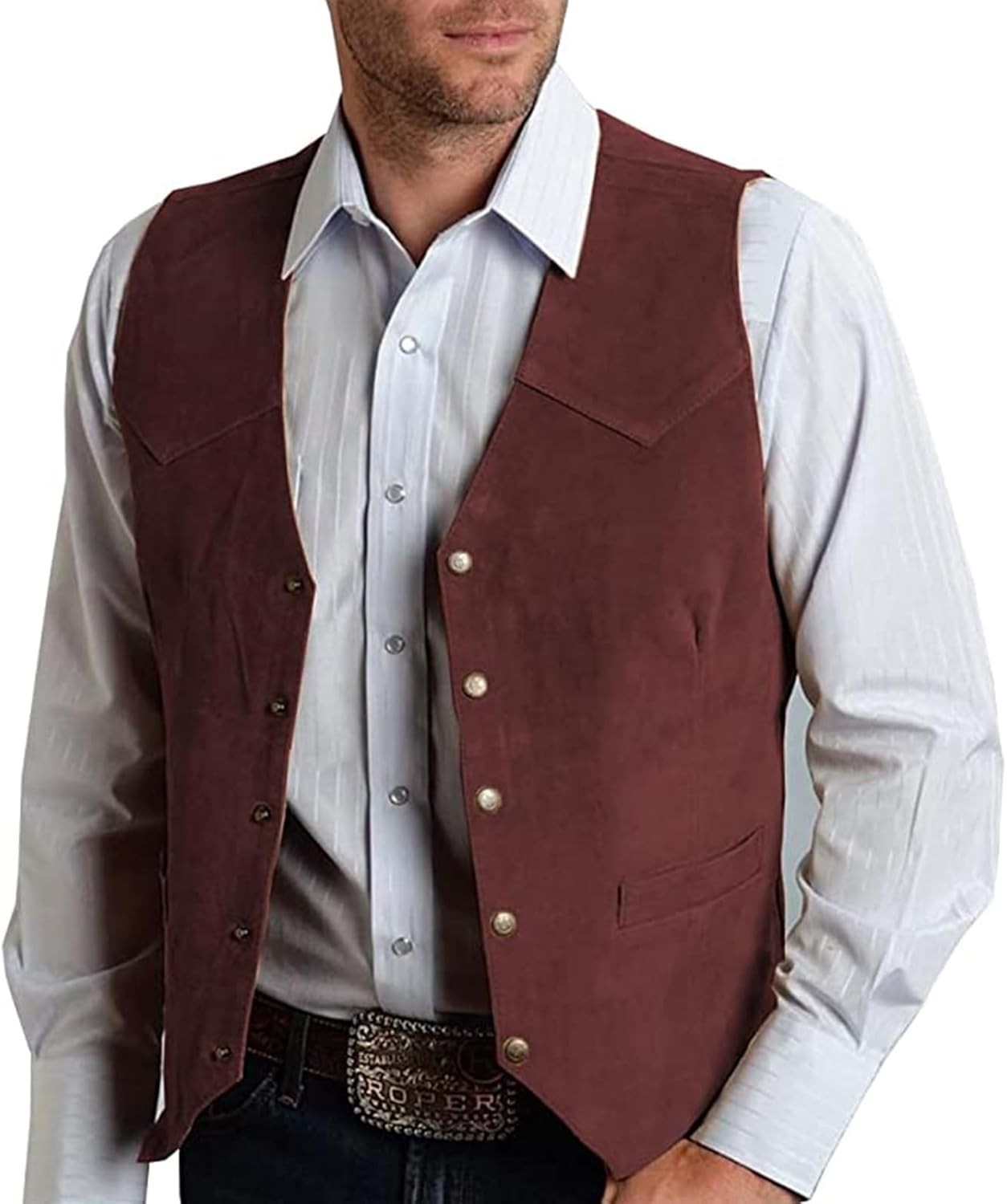 Men’s Suede Leather V-Neck Suit Vest 5 Button Regular Fit Waistcoat Prom Wedding