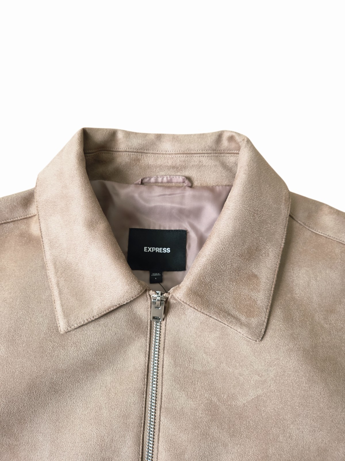 Express Men’s Beige Suede Bomber Jacket Full Zip Spread Collar Size L