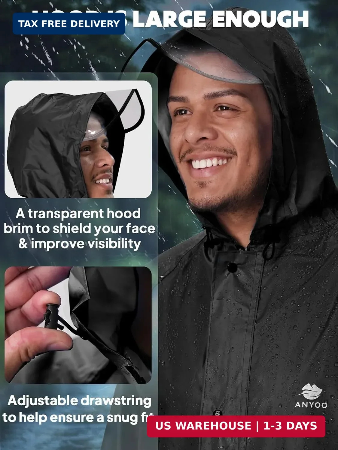 Waterproof Raincoat Men Women Packable Hooded Reflective Pockets | Adjustable dr