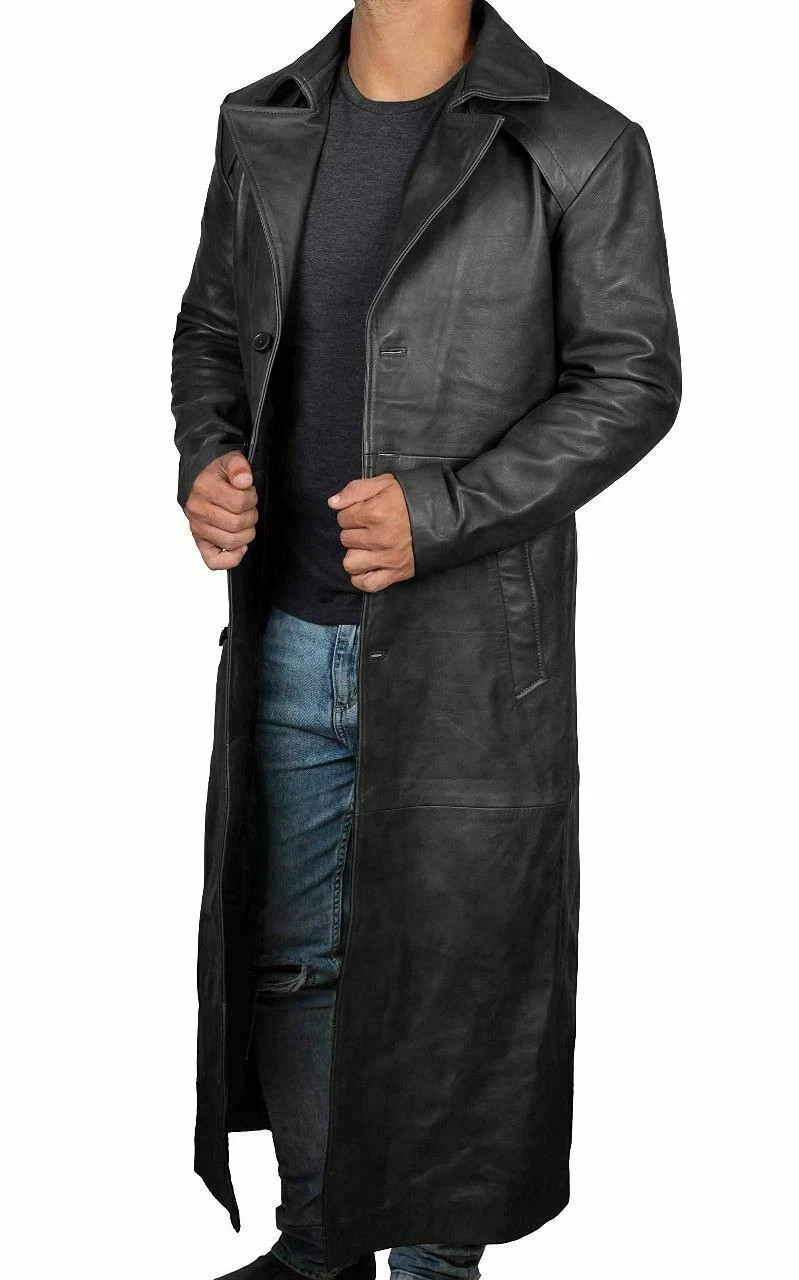 Men’s Long Full Length Black Leather Button Front Trench Over coat Duster Jacket