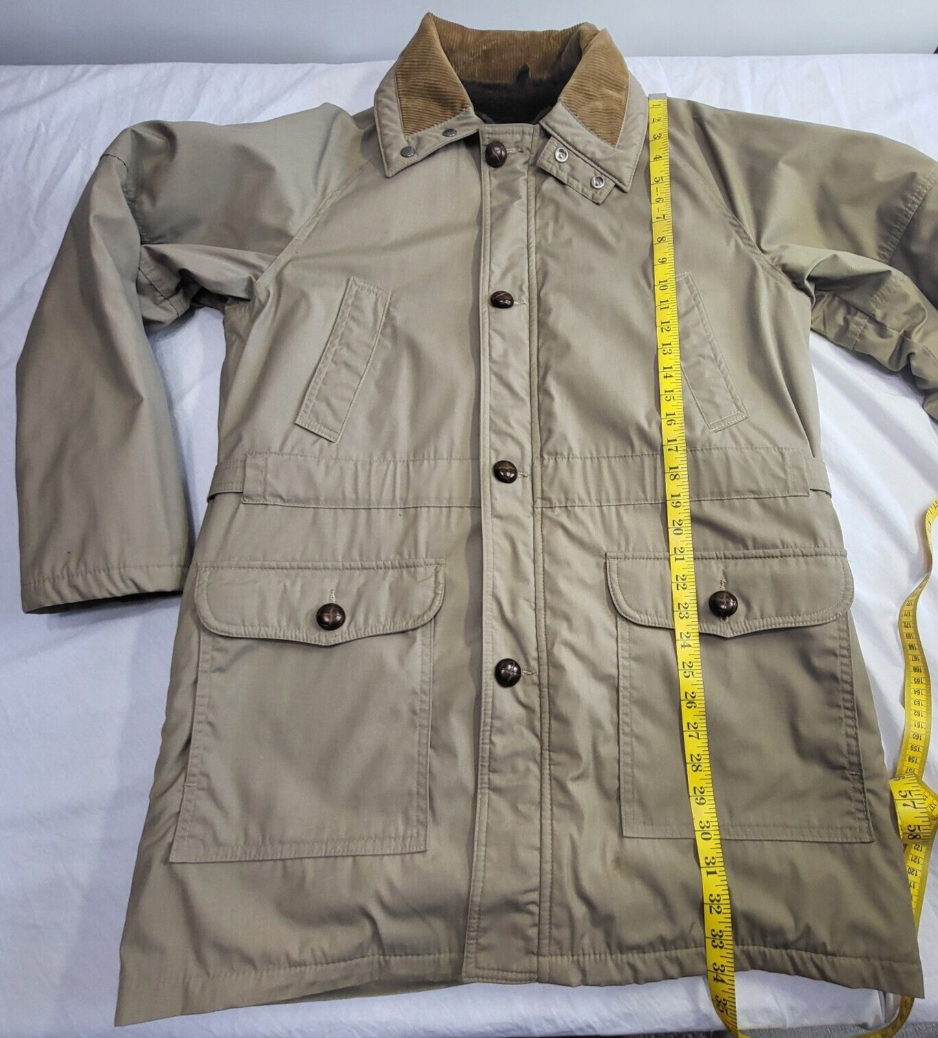 Field And Stream Brown Tan Four Button Full Zip Coat Corduroy Collar Sz 40 Vtg