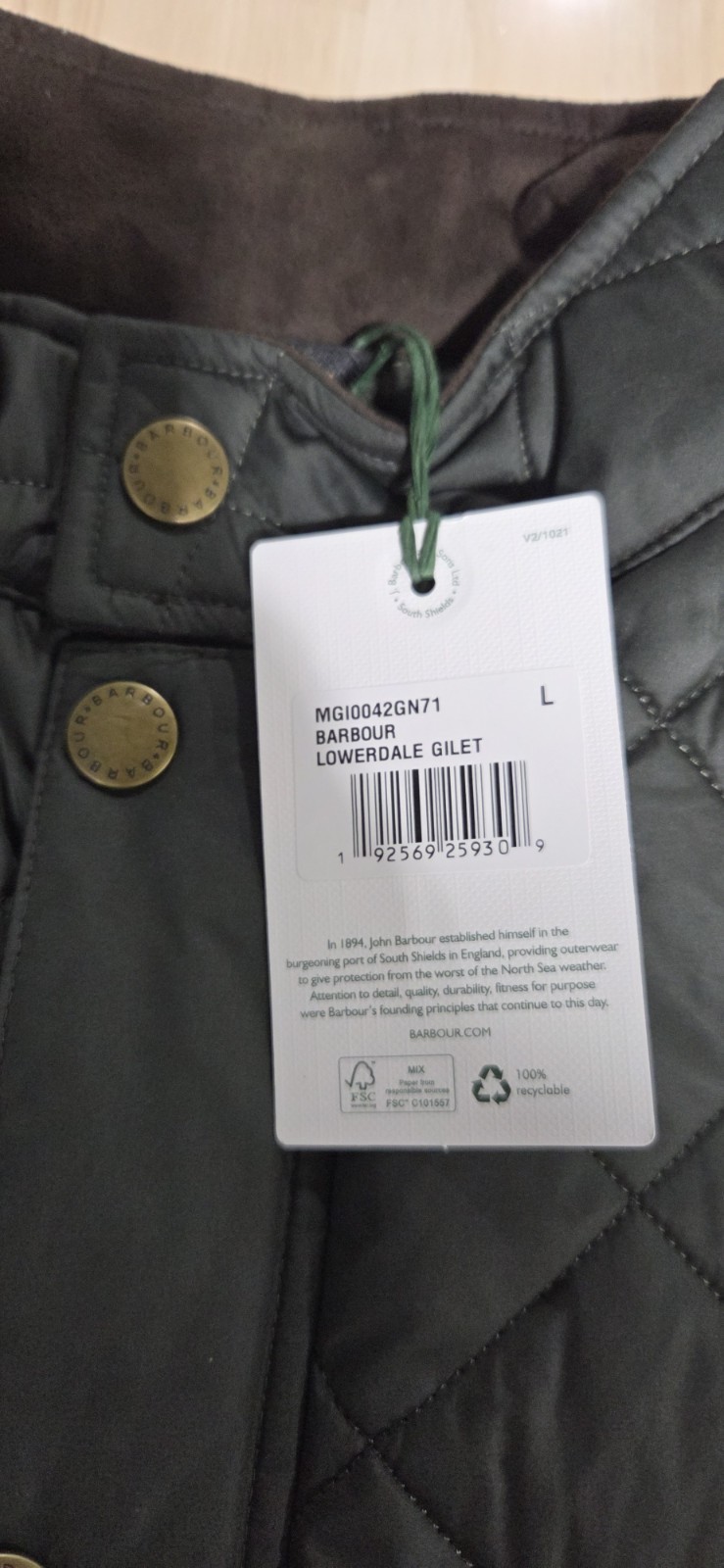 Barbour Men’s Olive Green Lowerdale Quilted Gilet Full Zip Vest Sz Large