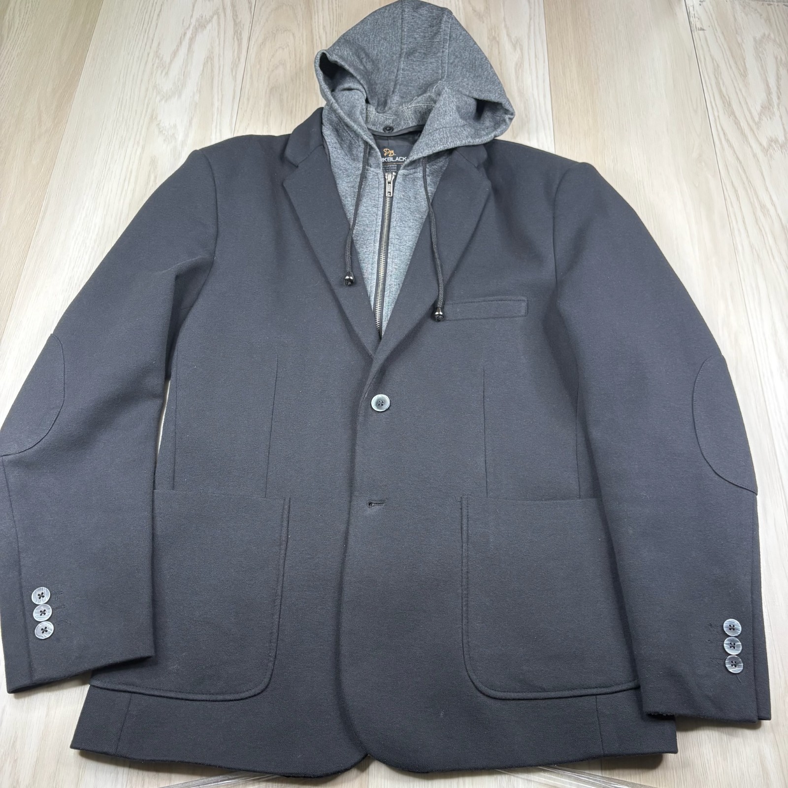 Darkblack Mens Black Lined Two Button Hybrid Hooded Blazer Jacket Size XL