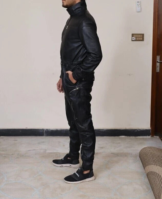 Men’s Black Cowhid Leather Jumpsuit-Handmade Zip-up One-Piece Outfit With Pocket
