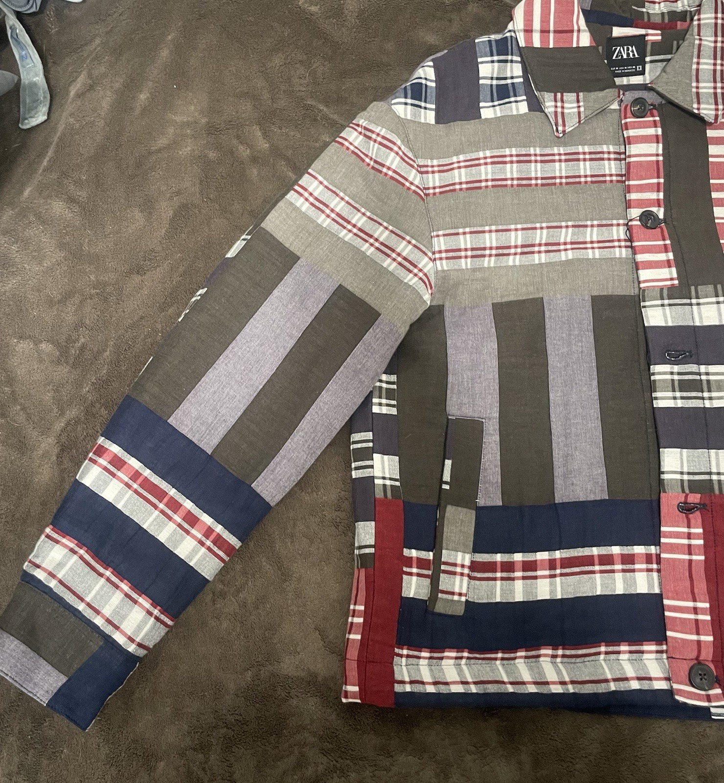 Zara Men’s Patchwork Jacket – Lapel Collar Jacket W/ Long Sleeved Buttoned Cuff.