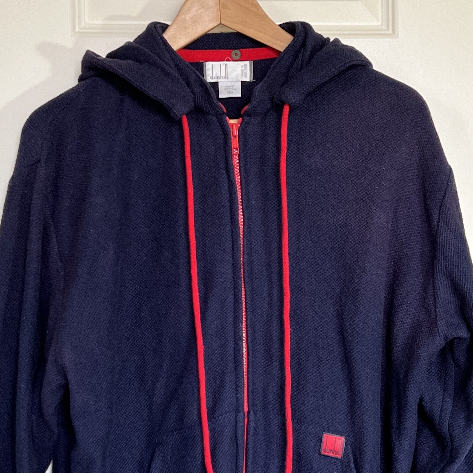 VTG Dunhill Full Zip Jacket Mens M Navy Blue Red Hooded Waffle Knit Hong Kong