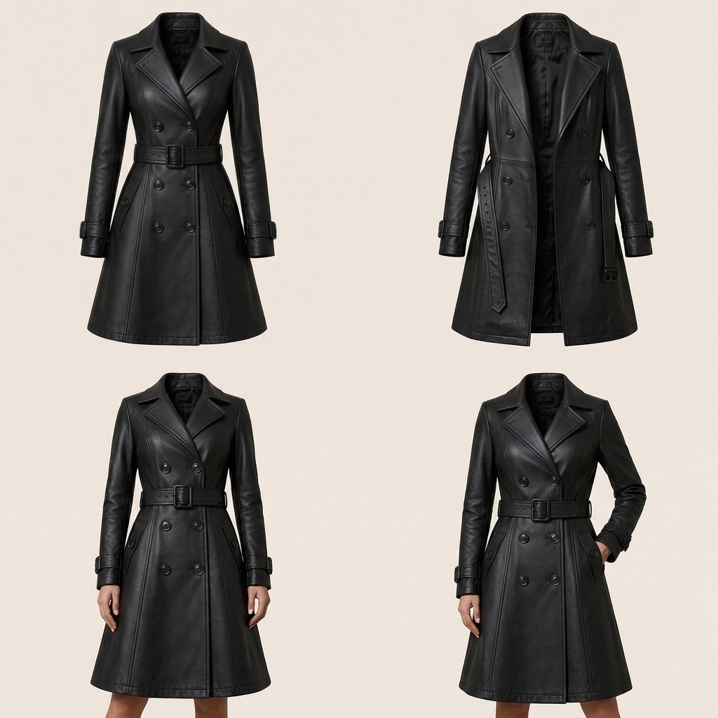 Women Black Leather Trench Coat Double Breasted Belted Long Genuine Jacket Warm