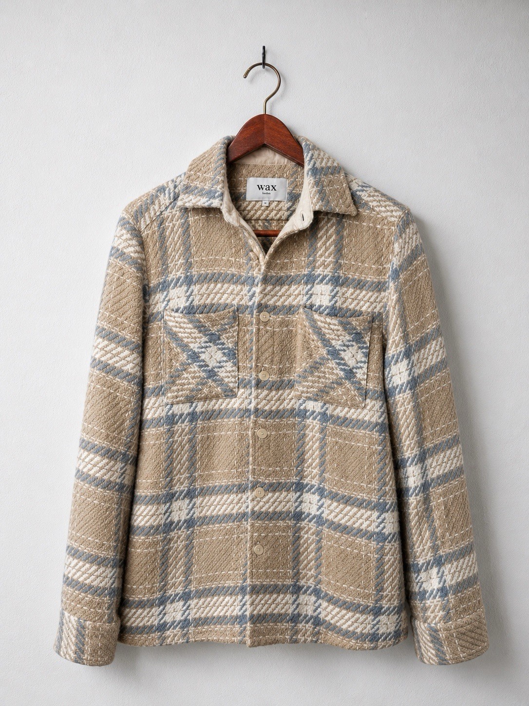 Wax London Whiting Overshirt Jacket Small Plaid Heavy Cotton Shacket Beige Blue