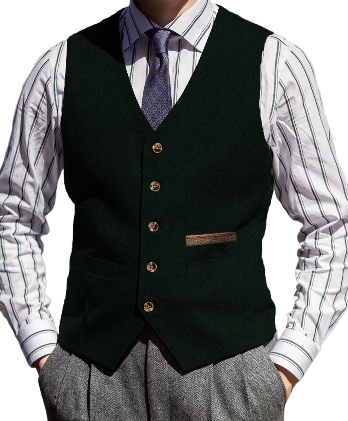 Tweed Vest Mens V-Neck Grooms Waistcoat Wool Waistcoat Herringbone Vintage Retro