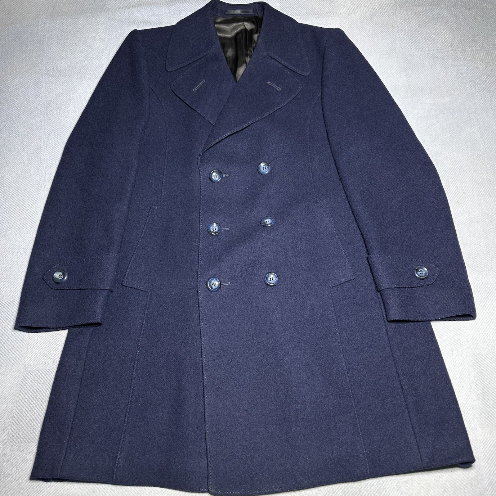 Vintage Carson Pirie Scott Navy Wool Double Breasted Overcoat Men’s Size 44R