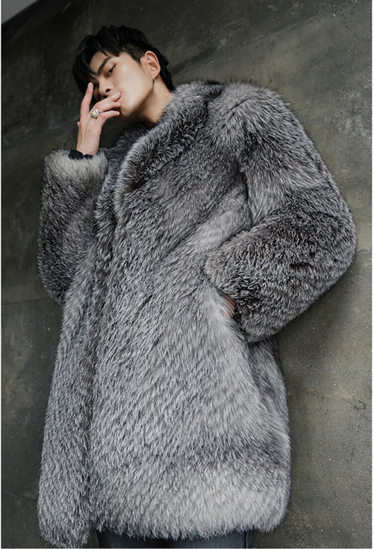 Winter Warm Mens Fashion Lapel Collar Faux Fox Fur Jackets Coats Outwear Parka