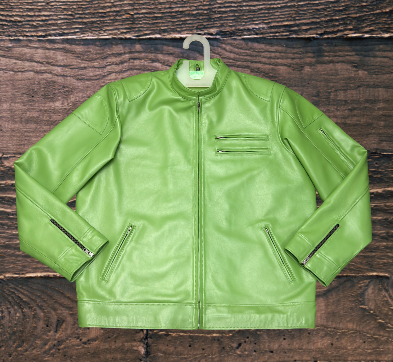 Mens Leather Jacket 100% Genuine Lambskin Green Biker Motorcycle Handmade Casual