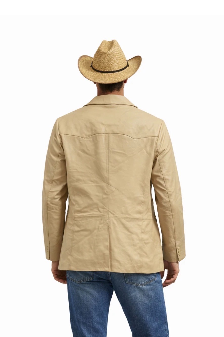Men’s Genuine Leather Blazer Western Style Beige Jacket Classic Button Coat