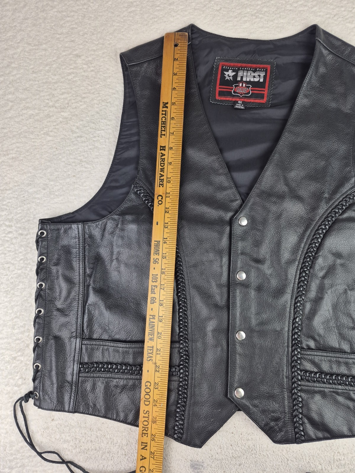 First MFG Leather Motorcycle Vest Mens size 4X Black Biker Braided Lace Up M607