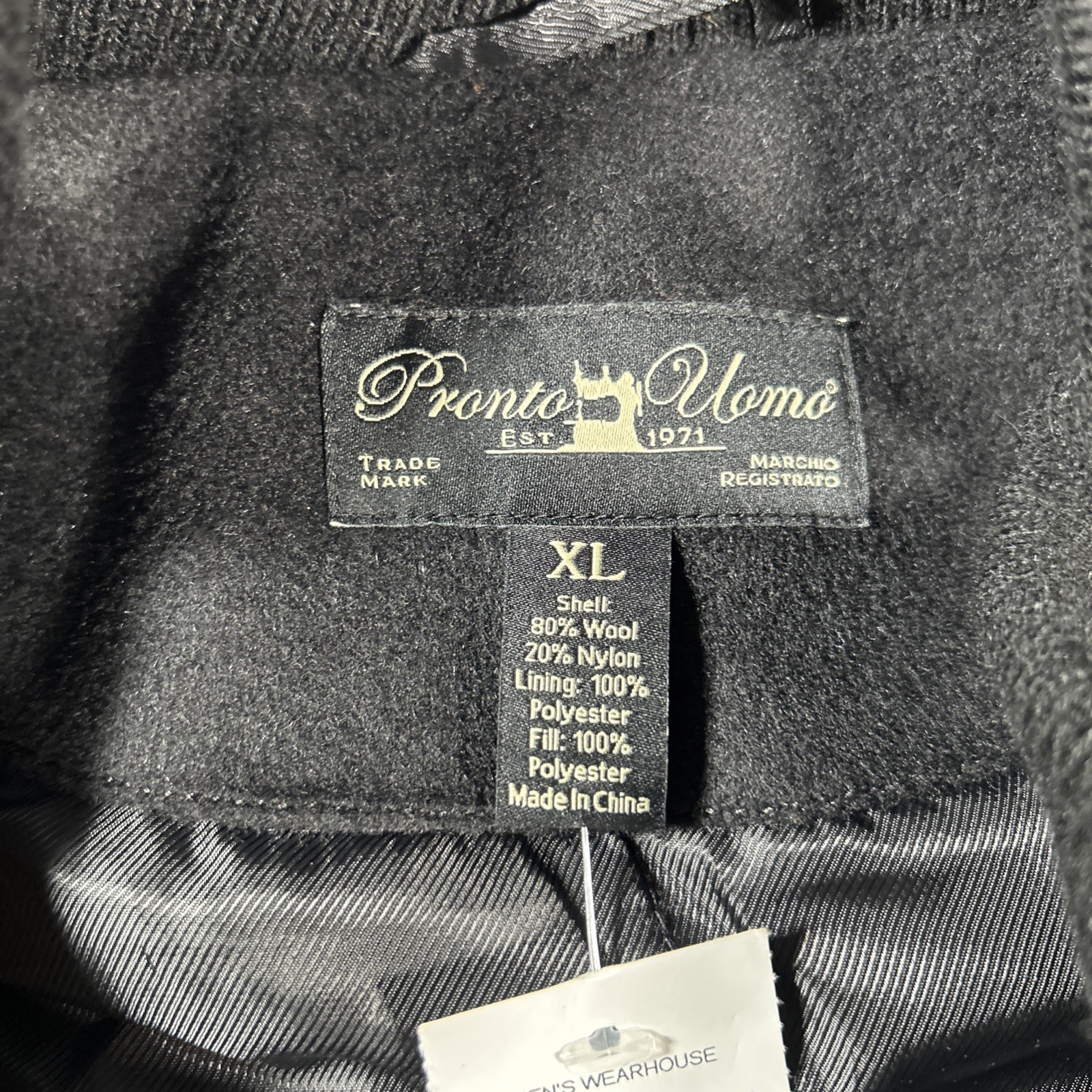 Pronto Uomo Mens XL Black Wool Blend Pea Coat Jacket Zip Button Quilted Interior