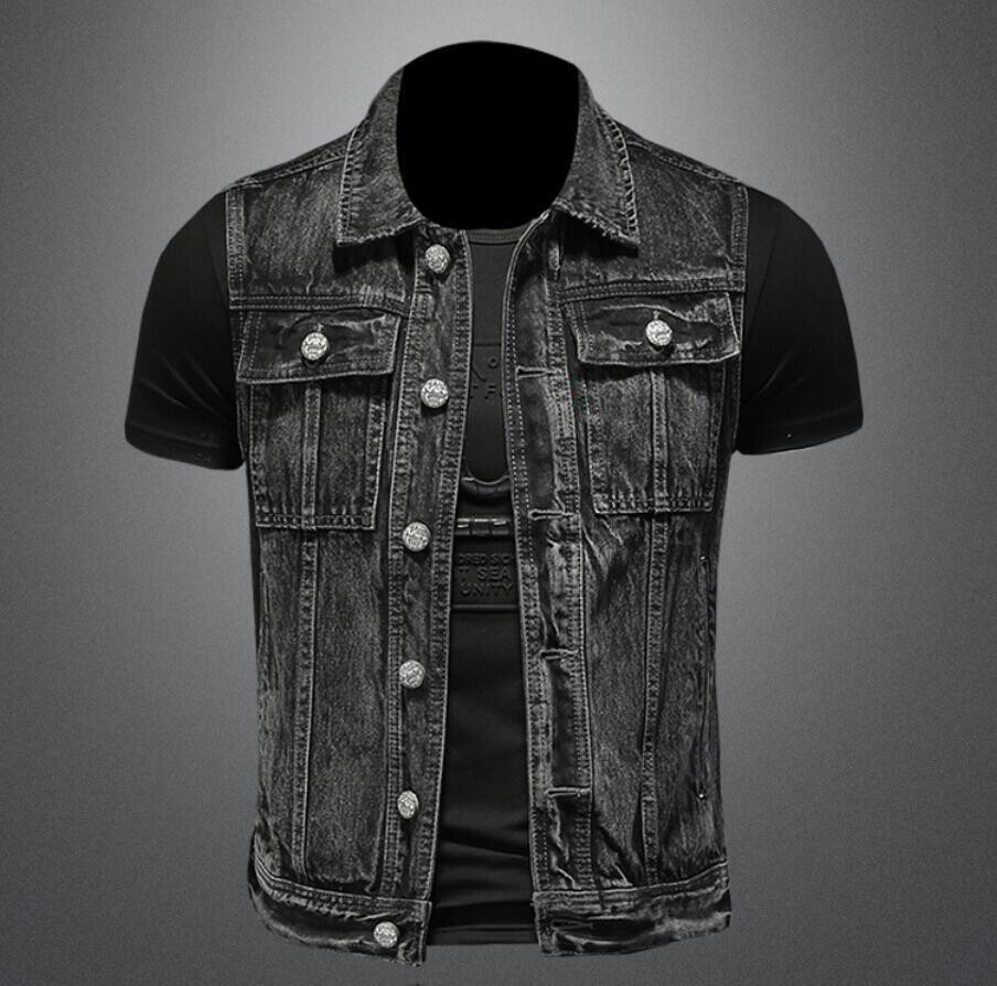 Men Black Denim Jean Jacket Coat Sleeveless Waistcoat Pockets Button Vest Punk