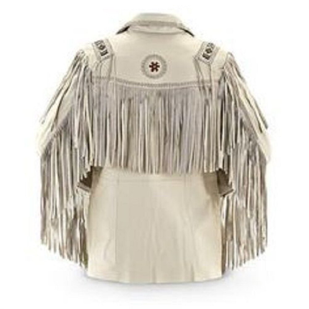 Men Western Cowboy Suede Fringe Jacket Beaded Native American Leather Jacket