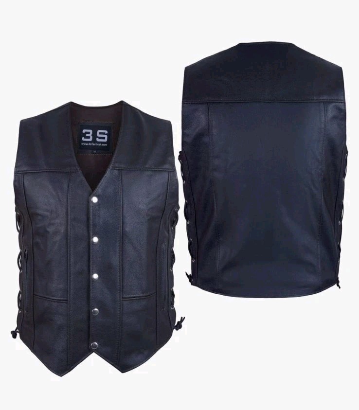 3S Tactical Men’s Black Leather Concealed Carry Motorcycle Vest Laces 5XL NWT