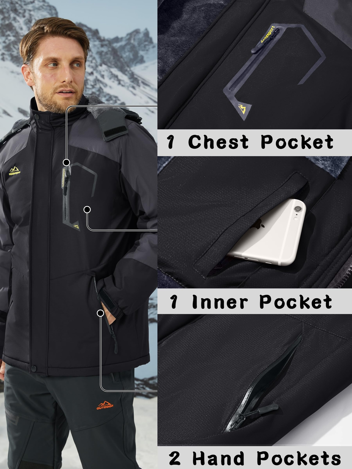 Men’s Waterproof Winter Ski Jacket Snow Thermal Fleece Hooded Outdoor Work Coats