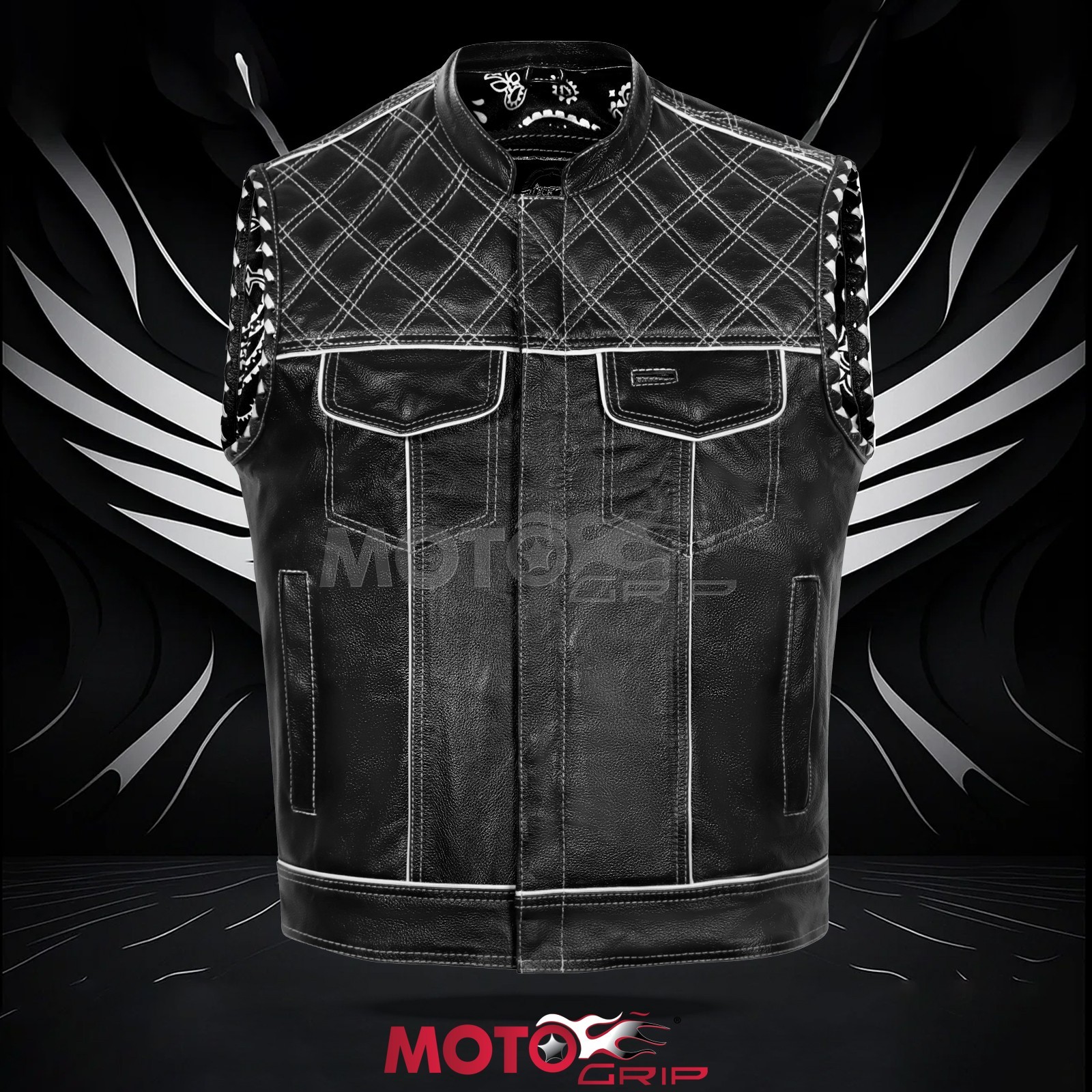 Men’s Black Leather Vest Diamond Motorbike Motorcycle Concealed White Waistcoat