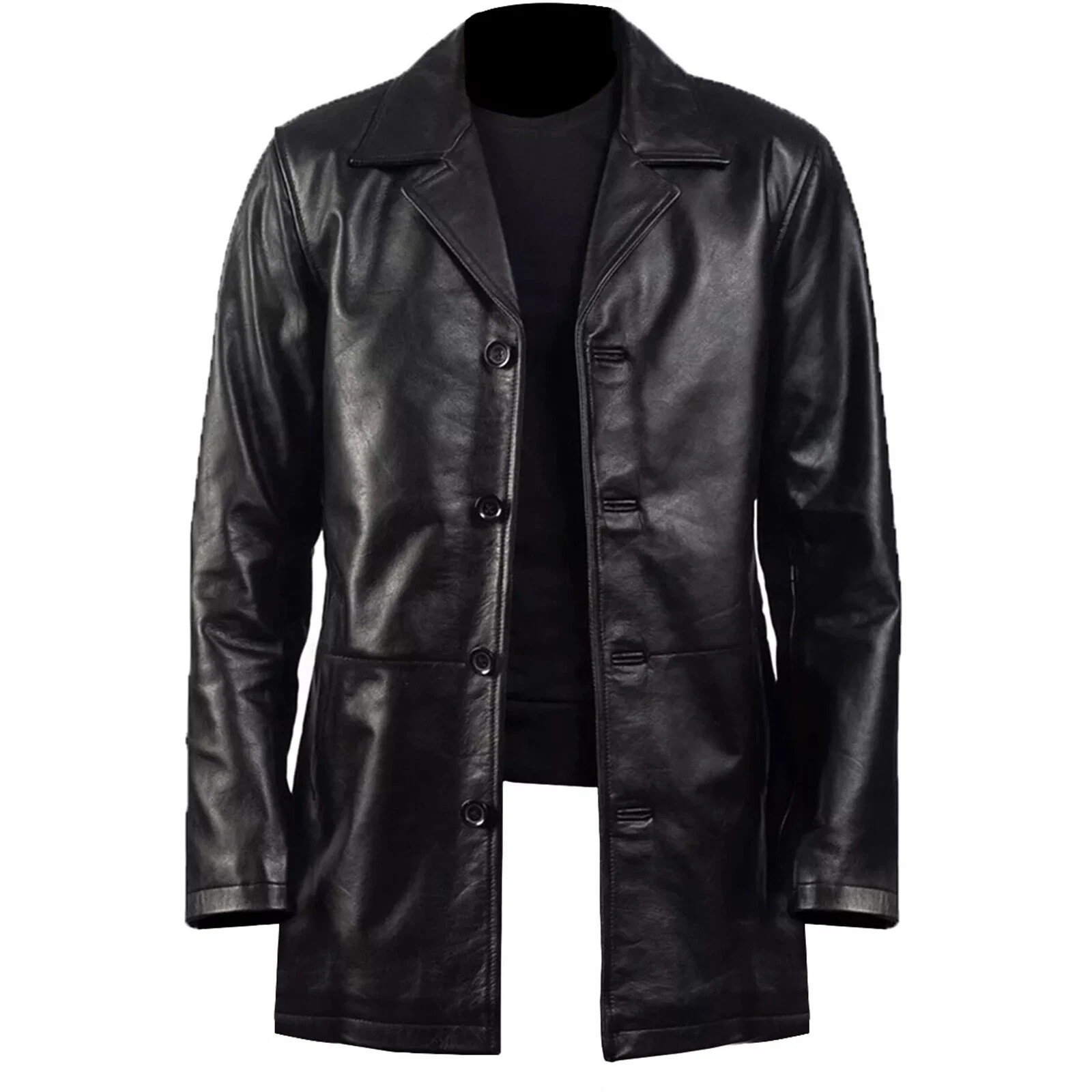 Men’s 100% Genuine Leather Black Trench Coat Four Button Blazer ¾ Length Jacket