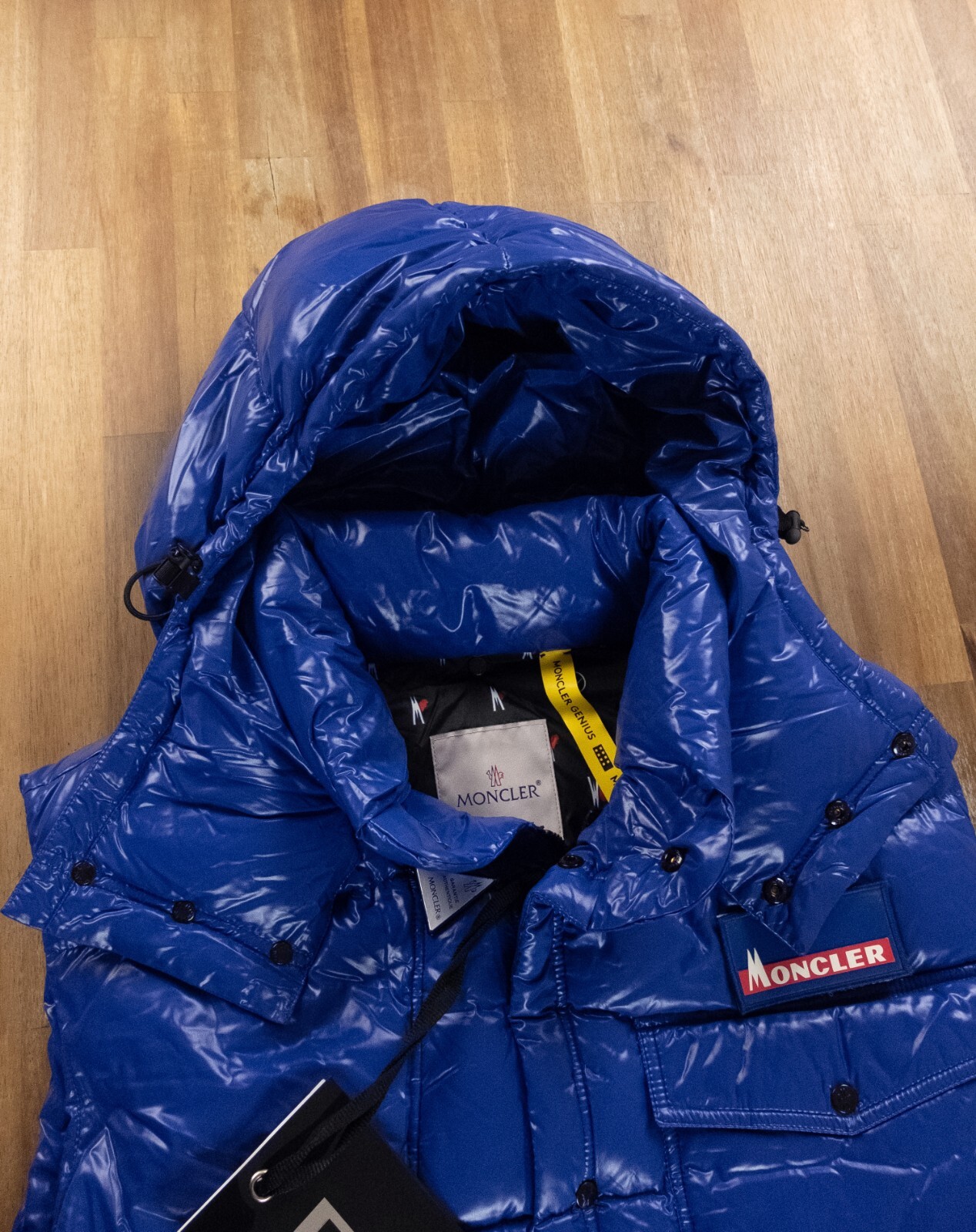 MONCLER GENIUS 7 x Fragment Design Ancheta blue hooded down puffer vest 4 / XL