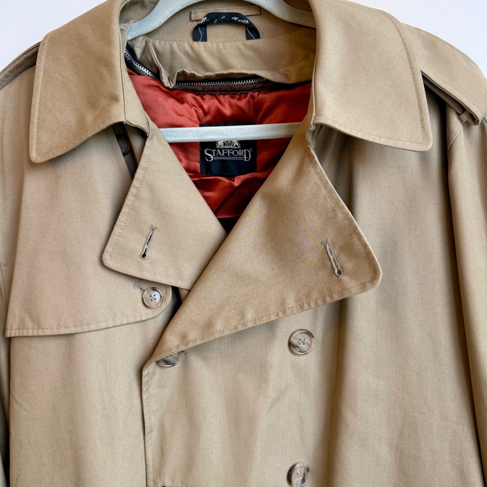 Stafford Lined Trench Coat Khaki Size 44 Double Breasted Belted Vintage Korea