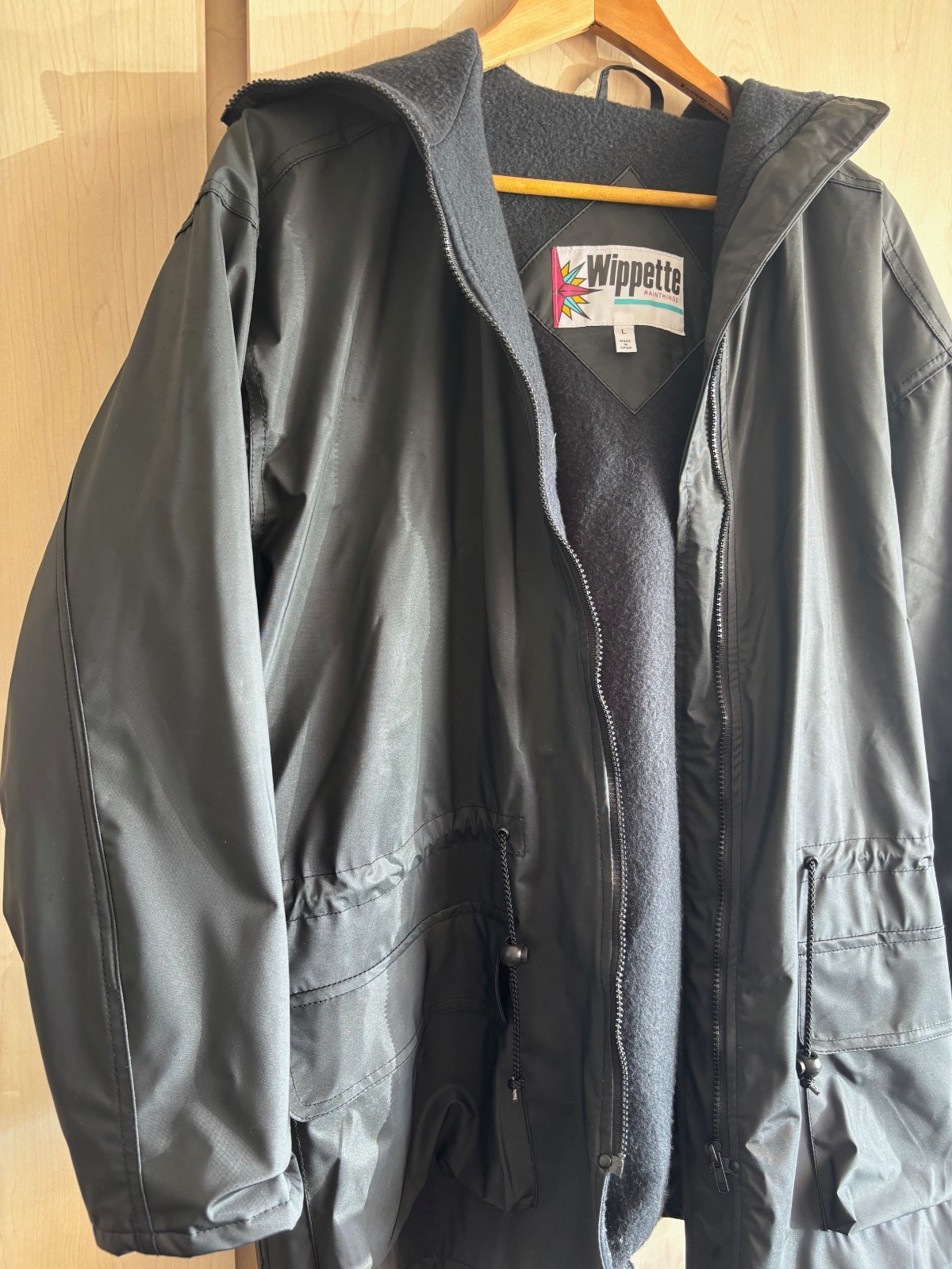 Vintage Wippette Rainthings Black Vinyl Lined Hooded Raincoat Size Large L Mens
