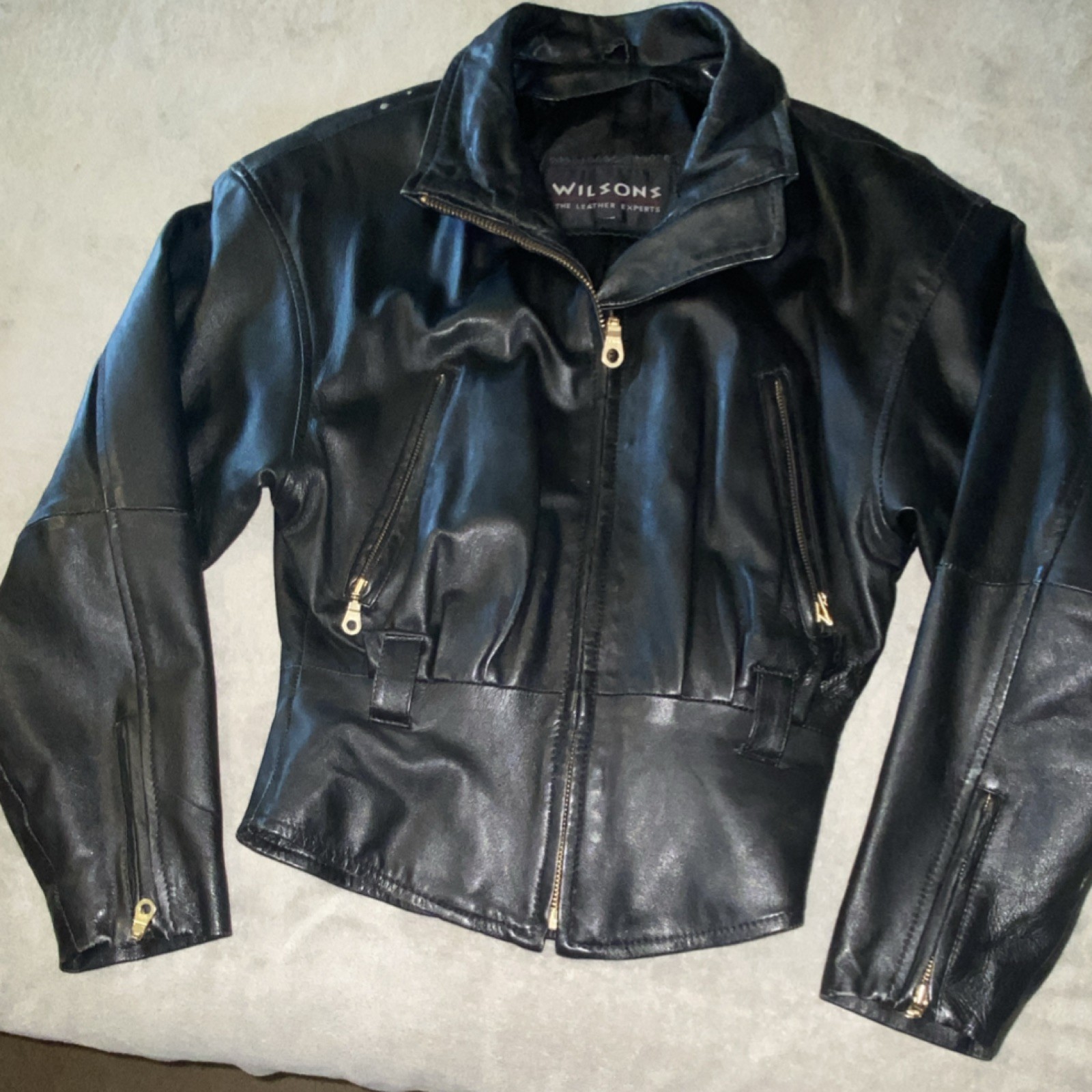 Wilsons Leather Black Biker Jacket XS Unisex Adults Zip Closure Short Solid