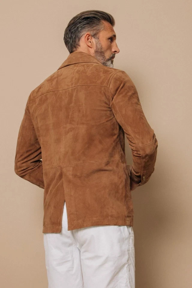 Men’s Genuine Brown Suede Leather Jacket – Handmade – Sizes XS to 3XL