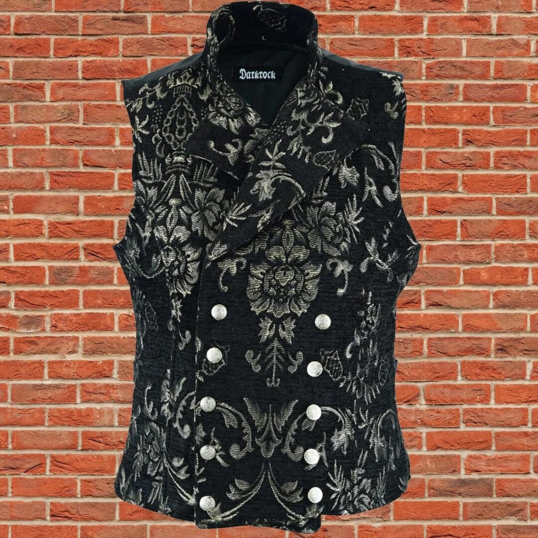 Men Gothic Victorian Black/Gold Brocade Waistcoat Vest Jacquard Tuxedo Vest