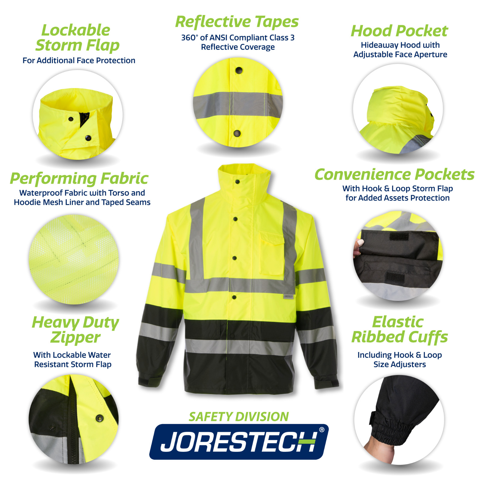 Safety Rain Jacket Reflective Green Hi-Vis Raincoat Rainjacket w Hood S-5XL