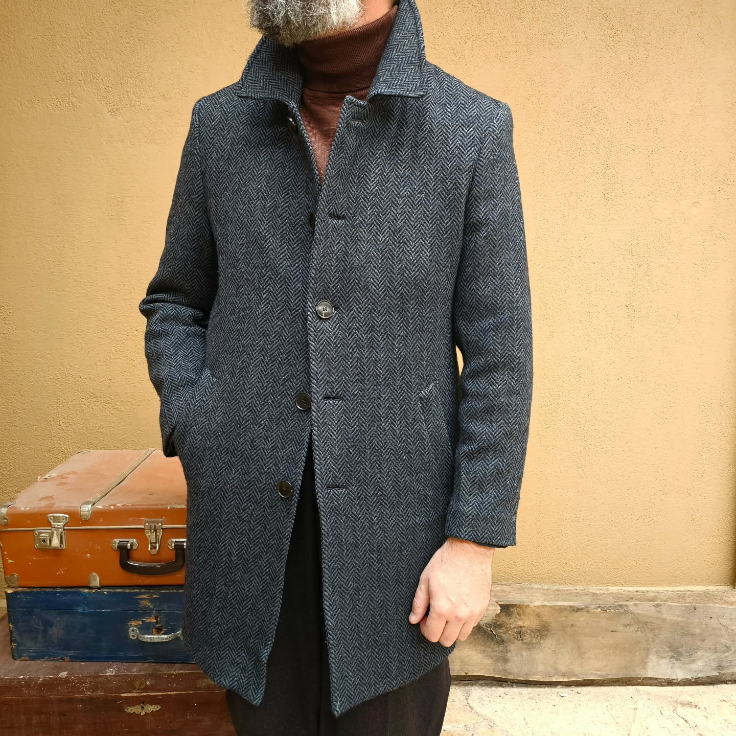 Tweed Herringbone Men’s Overcoats Regular Fit Single Breasted Outdoor Long Coats